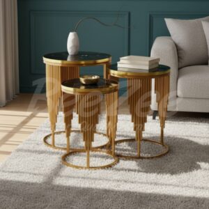 Gold Ribbed Nesting Tables (Set of 3) (Drum Shaped)