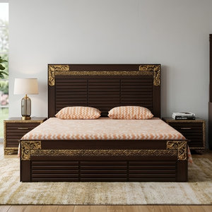Dark Wood Bed with Gold Carved Corner Accents