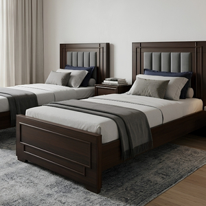 Dark Wood Twin Bed Set with Channel Tufted Headboard