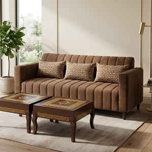 Channel Tufted Sofa with Wooden Coffee Tables