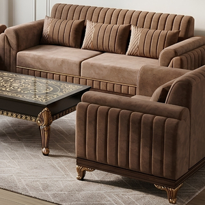 Sofa and Chair Set with Carved Wood Coffee Table