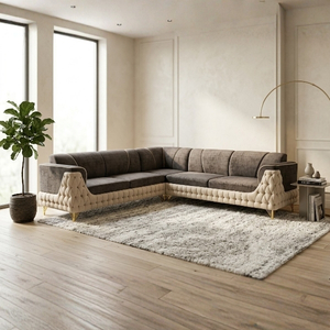 Corner Sectional Sofa with Carved Wood Trim