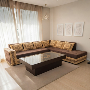 Sectional L-Shape Sofa with Embroidered Cushions