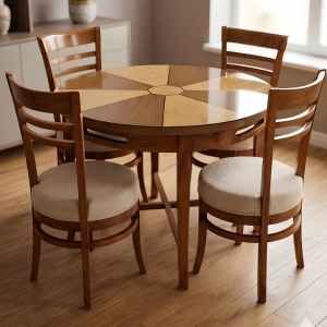 Four-Seater Round Wooden Dining Table Set High Gloss Polish