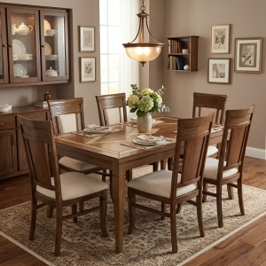 Six-Seater Dining Table Set with Wood Inlay Top