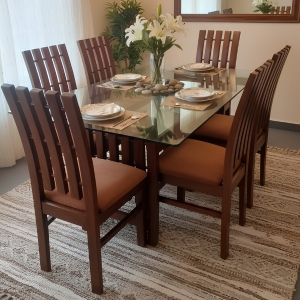 Six-Seater Dining Set with Slatted Wooden Chairs