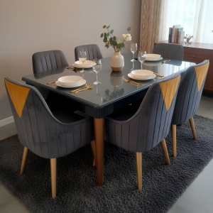 Six-Seater Modern Dining Set with Velvet Chairs