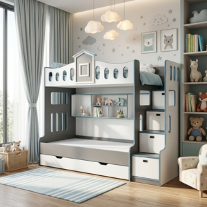 Cottage-Style Bunk Bed with Wardrobe and Storage Steps