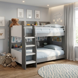 Grey and White Bunk Bed with Ladder Shelving