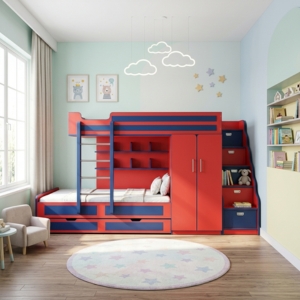 Red and Blue Loft Bed with Wardrobe and Shelving
