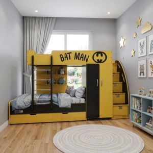 Superhero Theme Bunk Bed with Wardrobe and Storage Steps