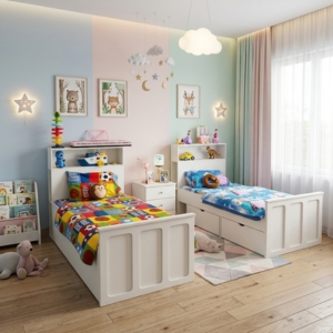 Twin Kids Beds with Bookshelf Headboards