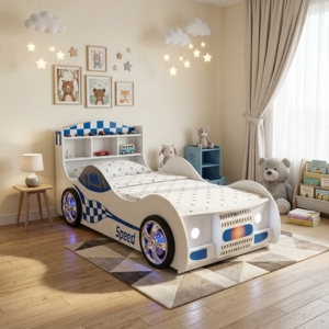 White and Blue Race Car Kids Bed