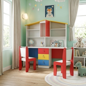 Kids Study Desk with Playhouse Storage Shelf