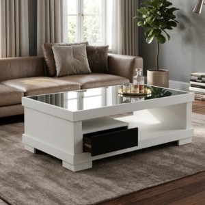 White Coffee Table with Mirrored Top and Drawer
