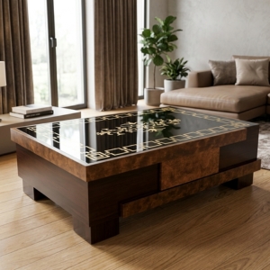 Burl Wood Finish Coffee Table with Geometric Glass Top