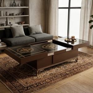 Coffee Table with Drawers and Ornate Gold Trim