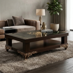 Coffee Table with Carved Base and Open Shelf