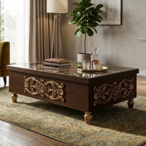 Walnut Coffee Table with Gold Trim and Drawer