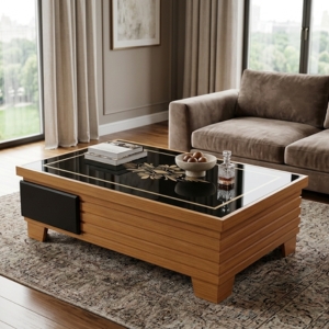 Wooden Slat Coffee Table with Glass Top