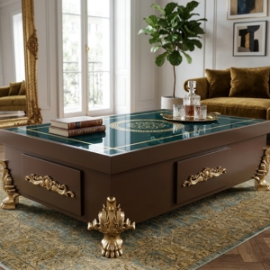 Coffee Table with Carved Gold Legs and Drawers