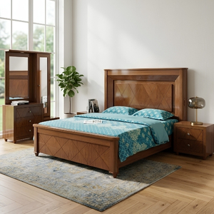 Wood Bed with Diamond Inlay Panel Headboard