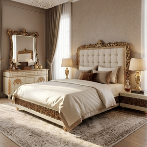 Ivory and Gold Tufted Bed with Ornate Carved Frame