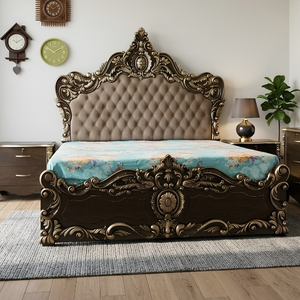 Bronze Baroque Carved Bed with Tufted Headboard