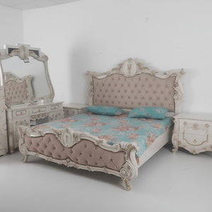 Antique White Carved Bed with Tufted Headboard