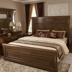 Carved Wood Bed with Gold Accents and Matching Mirror Set