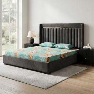 Velvet Channel Tufted Bed with Gold Trim