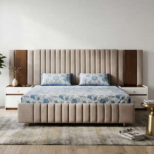 Beige Velvet Channel Tufted King Bed with Wide Wing Headboard