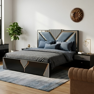 Black Geometric Wood Bed with Blue Accent Panels