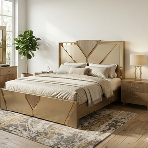 Gold Mirrored Geometric Panel King Bed