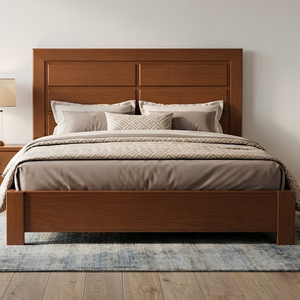 Walnut Wood Panel Bed with Horizontal Slat Headboard